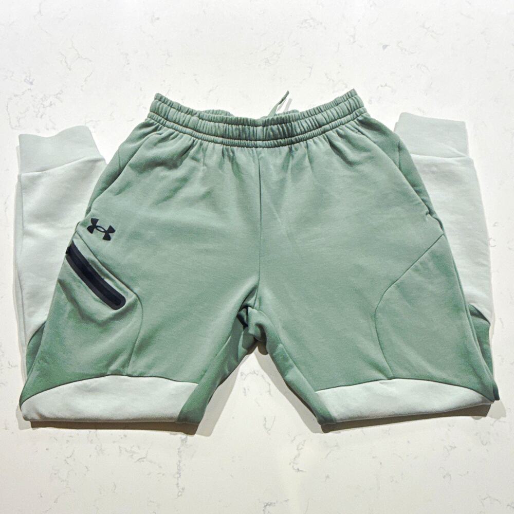 Under Armour Mens Green Jogger Sweatpants S Cotton Poly Fleece Tapered Pockets